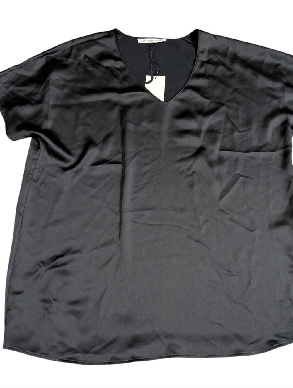 NWT Adolfo Dominguez Black Satin Front Blouse Top L Short Sleeve V Neck Designer